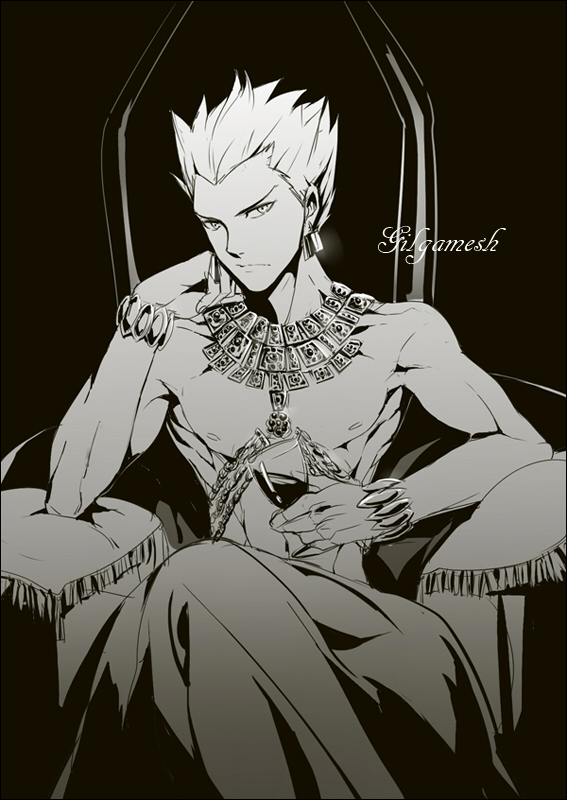 bad_id, earrings, fate/stay_night, fate_(series), gilgamesh, jewelry, male, monochrome