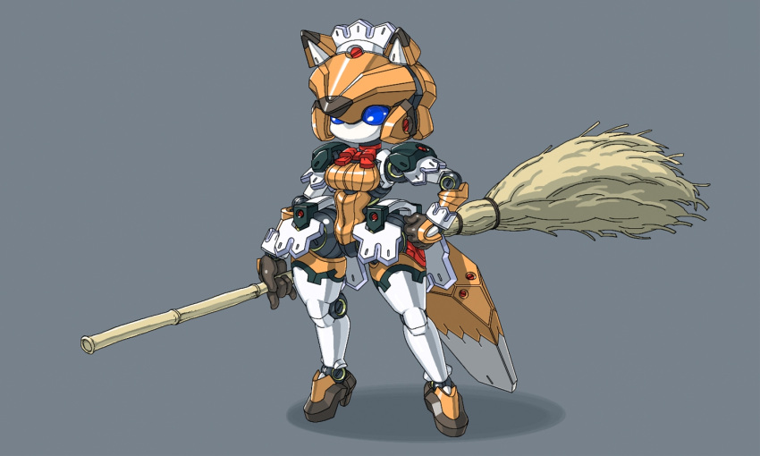 animal_ears, blue_eyes, broom, character_request, copyright_request, fox_ears, fox_tail, hand_on_hip