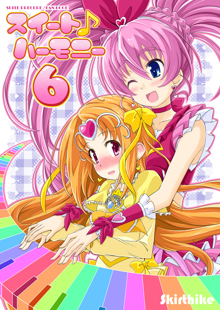 blue_eyes, blush, bow, braid, brooch, choker, circlet, cure_melody