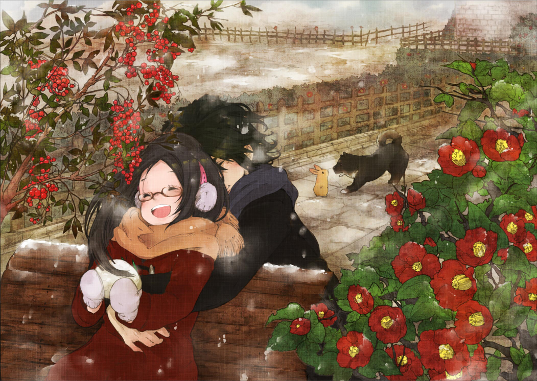 1girl, amamiya_tomoe, brown_hair, bunny, coat, cocohore, couple, dog, earmuffs, flower, glasses, hug, hug_from_behind, kaburagi_t_kotetsu, kaburagi_tomoe, long_hair, mittens, rabbit, scarf, snowing, tiger_&amp;_bunny, winter_clothes