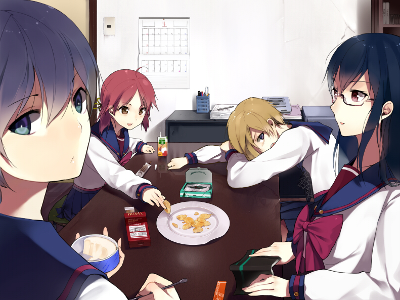 bad_id, blue_hair, calendar, calendar_(object), eating, glasses, hair_over_one_eye, long_hair