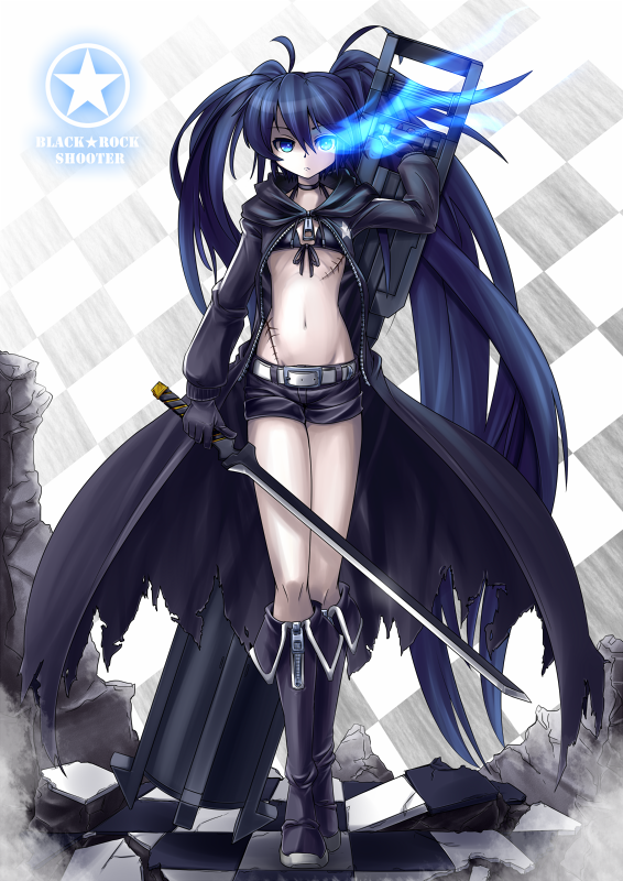 argyle, argyle_background, bad_id, belt, bikini_top, black_hair, black_rock_shooter, black_rock_shooter_(character), blue_eyes, boots, character_name, checkered, checkered_background, coat, flat_chest, front-tie_top, glowing, glowing_eye, kaima, katana, kimagure_ringo, knee_boots, long_hair, midriff, navel, scar, short_shorts, shorts, solo, sword, twintails, weapon