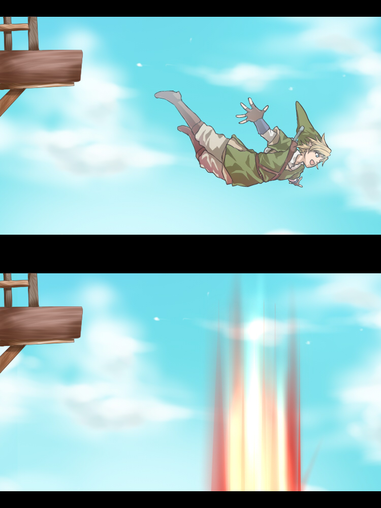 blonde_hair, blue_eyes, boots, cloud, crossover, death, falling, fingerless_gloves, gloves, hat, leap_of_faith, link, male, midair, nintendo, open_mouth, parody, pointy_ears, short_hair, sky, skyward_sword, smile, solo, super_smash_bros., the_legend_of_zelda, wasabi_(legemd)
