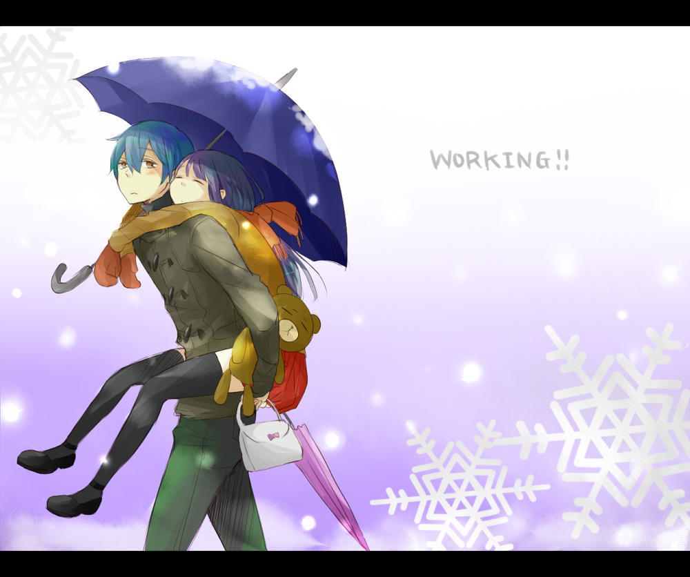 1girl, bag, closed_eyes, couple, daisy_(working!!), eyes_closed, long_hair, nanjou