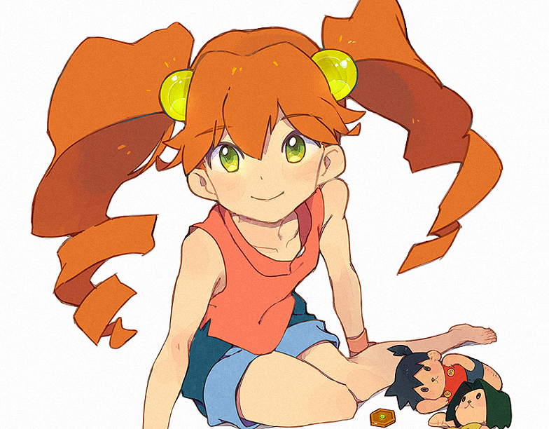 artist_request, green_eyes, junmai_karin, karakuchi_kouji, long_hair, looking_at_viewer, medabots, medarots, menokurage, orange_hair, plushies, shorts, simple_background, sitting, smile, solo, stuffed_animal, stuffed_toy, tenryou_ikki, twintails