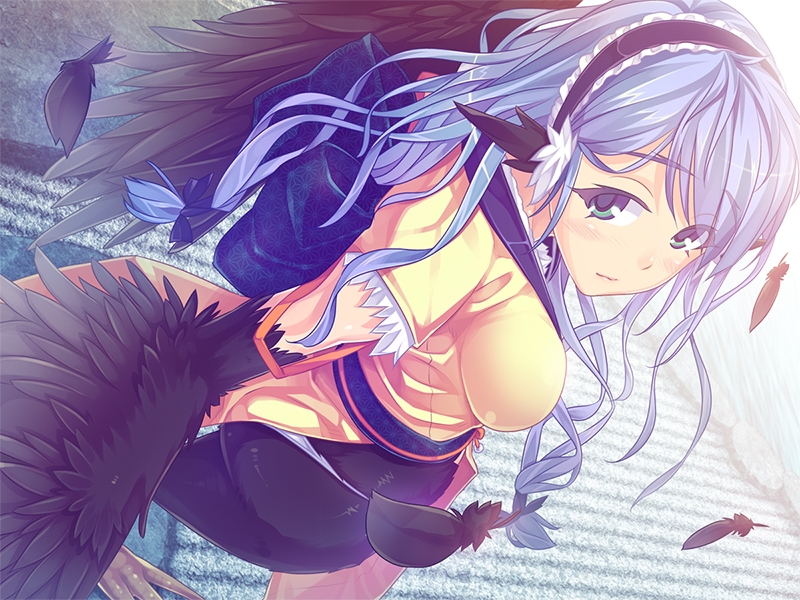 aqua_eyes, blue_hair, bubuzuke, character_request, feathers, game_cg, harpy, long_hair