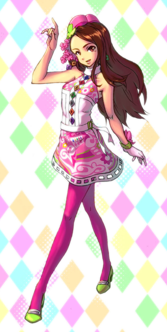 bare_shoulders, belt, brown_eyes, brown_hair, dress, forehead, gloves, hat