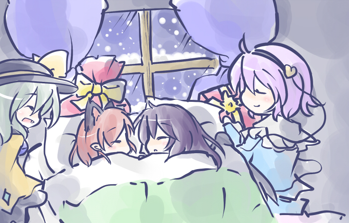 black_hair, blanket, closed_eyes, curtains, extra_ears, eyes_closed, gift, green_hair, hat, kaenbyou_rin, kenoka, komeiji_koishi, komeiji_satori, long_hair, multiple_girls, open_mouth, pillow, pointy_ears, purple_eyes, red_hair, redhead, reiuji_utsuho, sack, short_hair, sleeves_past_wrists, smile, snow, touhou, violet_eyes, window, wings