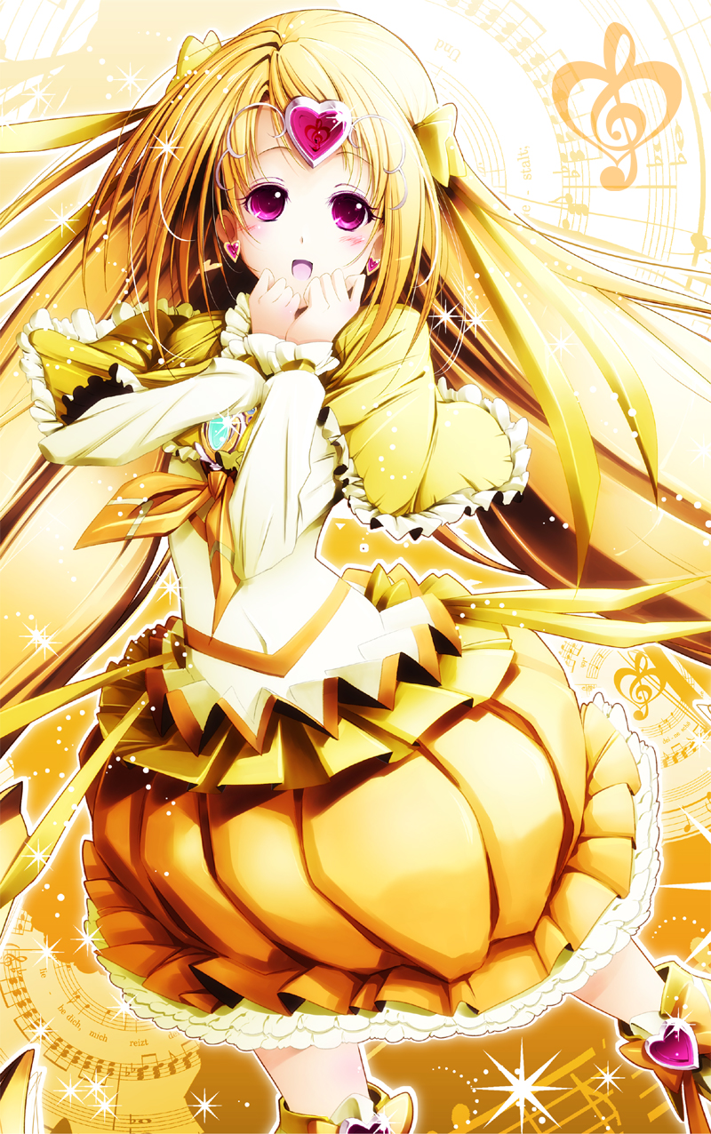 blonde_hair, bow, bubble_skirt, circlet, cure_muse, cure_muse_(yellow), dress, earrings