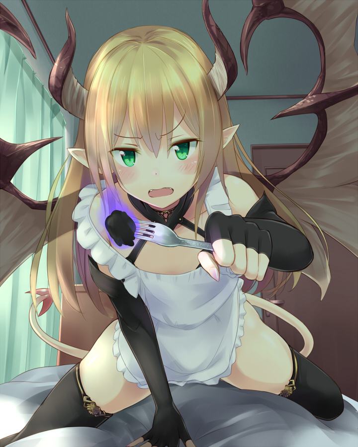 apron, arm_support, bed, black_legwear, blonde_hair, blush, character_request, curtains