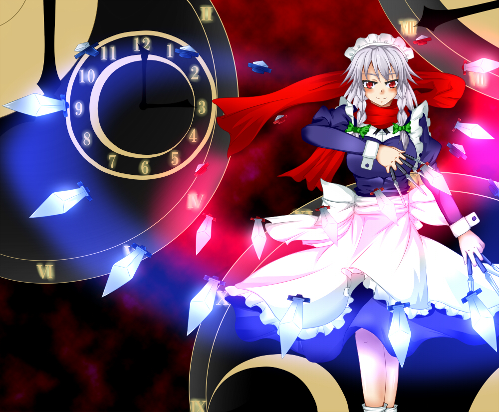ankle_socks, apron, aura, between_fingers, blush, bobby_socks, bow, braid, clock, danmaku, hair_bow, izayoi_sakuya, kamitsuki_shion, knife, looking_at_viewer, maid, maid_headdress, red_eyes, roman_numerals, scarf, shion124203, silver_hair, smile, socks, solo, the_embodiment_of_scarlet_devil, throwing_knife, touhou, weapon, wrist_cuffs