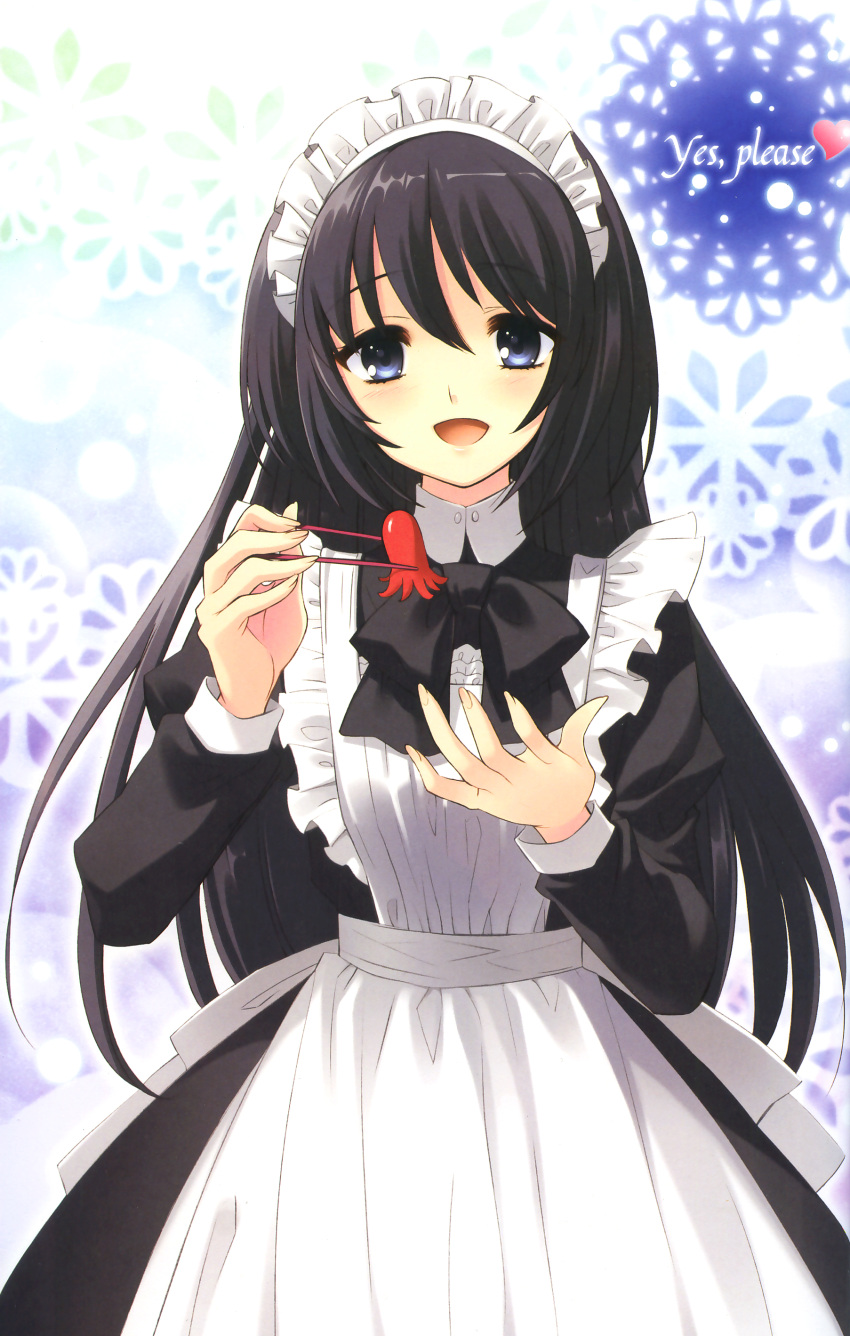 1girl, :d, absurdres, apron, black_hair, blue_eyes, blush, bow, chopsticks, english, female, flyable_heart, heart, highres, itou_noiji, long_hair, maid, maid_headdress, open_mouth, shirasagi_mayuri, smile, solo, source_request, tako-san_wiener, very_long_hair