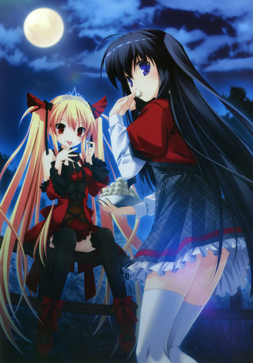 absurdres, ahoge, artist_request, bare_shoulders, black_hair, black_legwear, blonde_hair, bloody_rondo