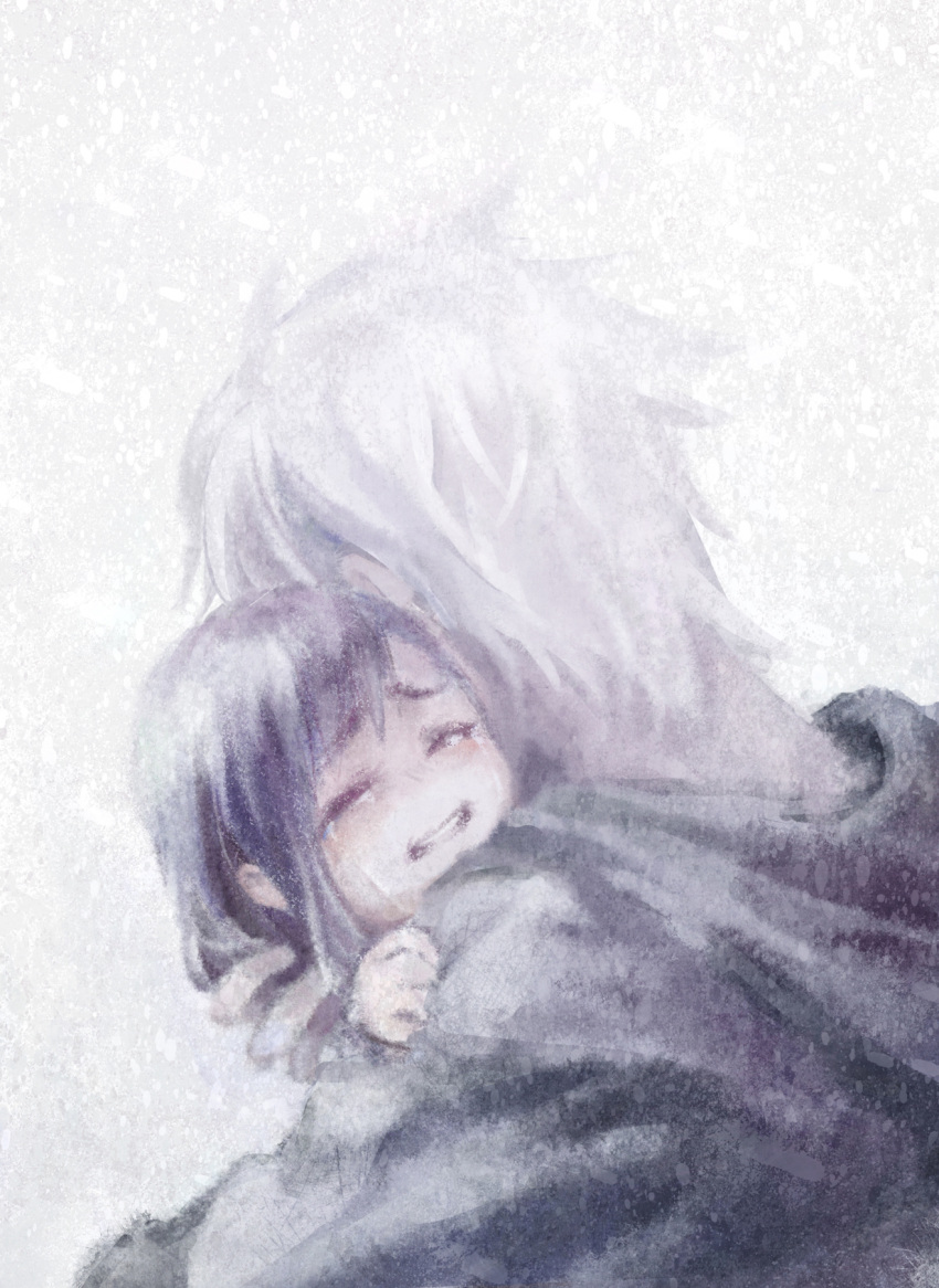 1girl, child, fate/stay_night, fate/zero, fate_(series), fcsz3d1a, highres, hoodie, hug, matou_kariya, matou_sakura, short_hair, tears, uncle_and_niece, white_hair, young