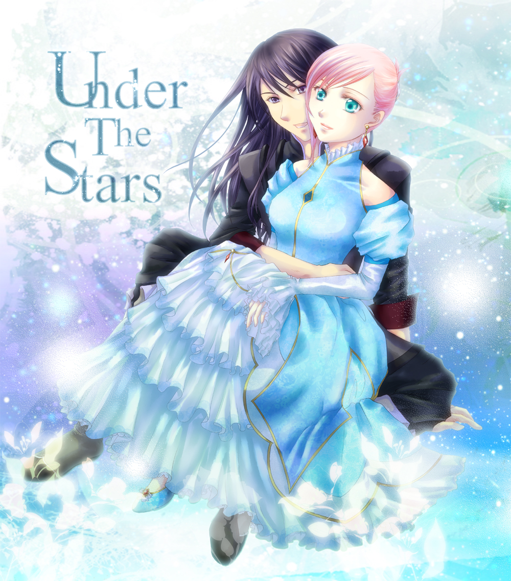 1boy, 1girl, alternate_costume, alternate_hairstyle, aqua_eyes, black_hair, blue_dress, couple