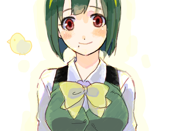 blush, bow, green_hair, hairband, idolmaster, mole, noruma, otonashi_kotori, red_eyes, short_hair, smile, solo, vest