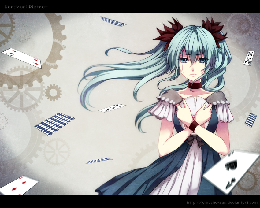 ace, aqua_eyes, aqua_hair, card, crying, crying_with_eyes_open, dress, gears, hatsune_miku, karakuri_pierrot_(vocaloid), long_hair, omocha-san, playing_card, sad, solo, tears, twintails, vocaloid, wallpaper, watermark, web_address