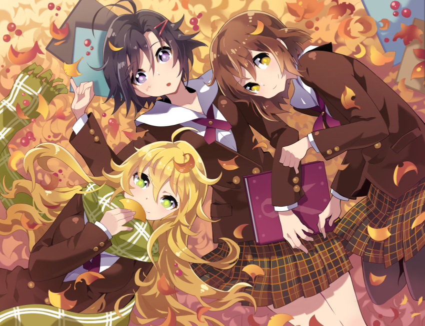 bf._(sogogiching), black_hair, black_legwear, blazer, blonde_hair, brown_hair, green_eyes, hagiwara_yukiho