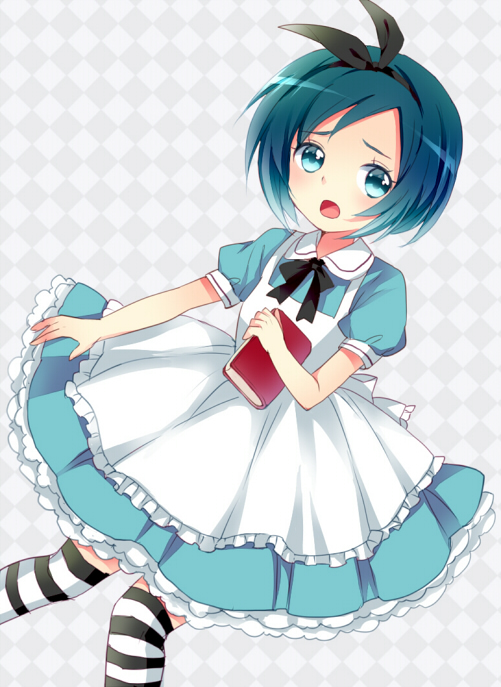 alice_(wonderland), alice_(wonderland)_(cosplay), alice_in_wonderland, blue_eyes, blue_hair, book, cosplay, dress, hair_ribbon, inazuma_eleven, inazuma_eleven_(series), inazuma_eleven_go, open_mouth, ribbon, short_hair, solo, sorano_aoi, striped, striped_legwear, thigh-highs, thighhighs, wryyyy