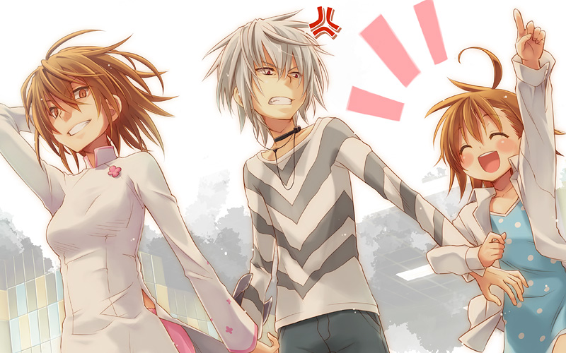 2girls, accelerator, accelerator_family, ahoge, albino, anger_vein, brown_eyes, brown_hair