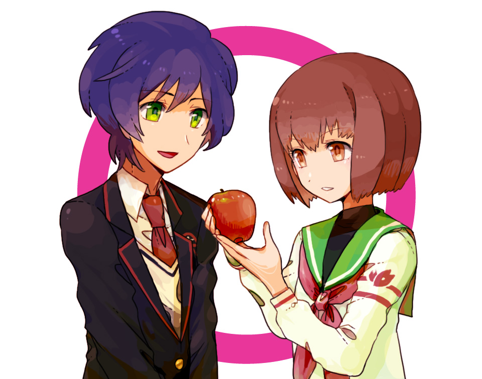 1girl, apple, blazer, blue_hair, bob_cut, brown_eyes, brown_hair, food