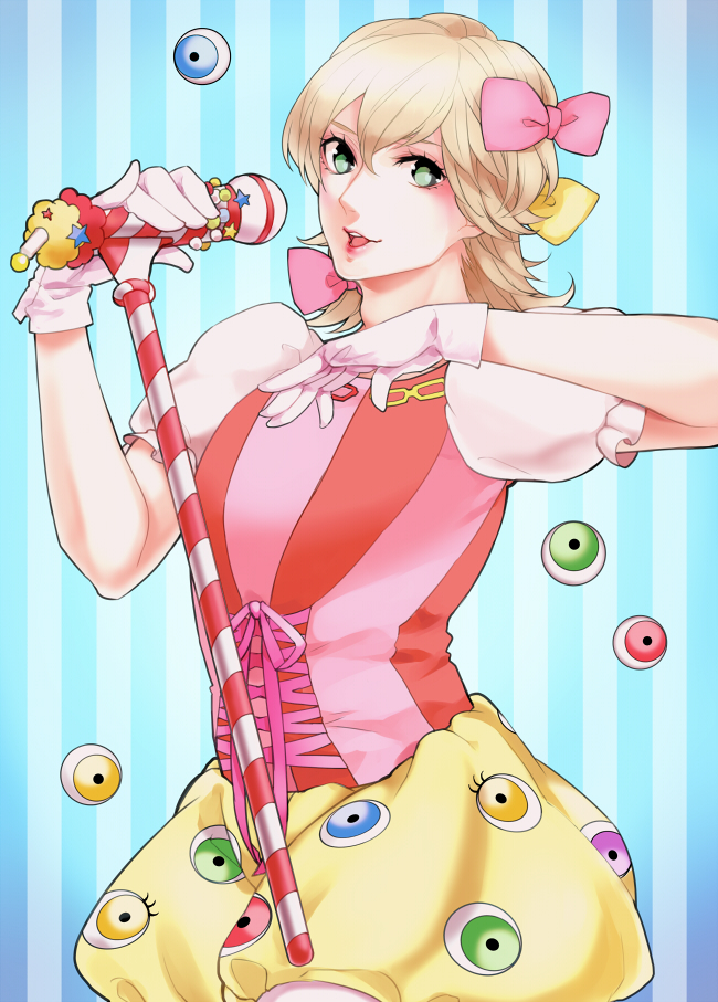 1boy, barnaby_brooks_jr, blonde_hair, bow, cosplay, crossdressinging, eyeball_print, eyeballs