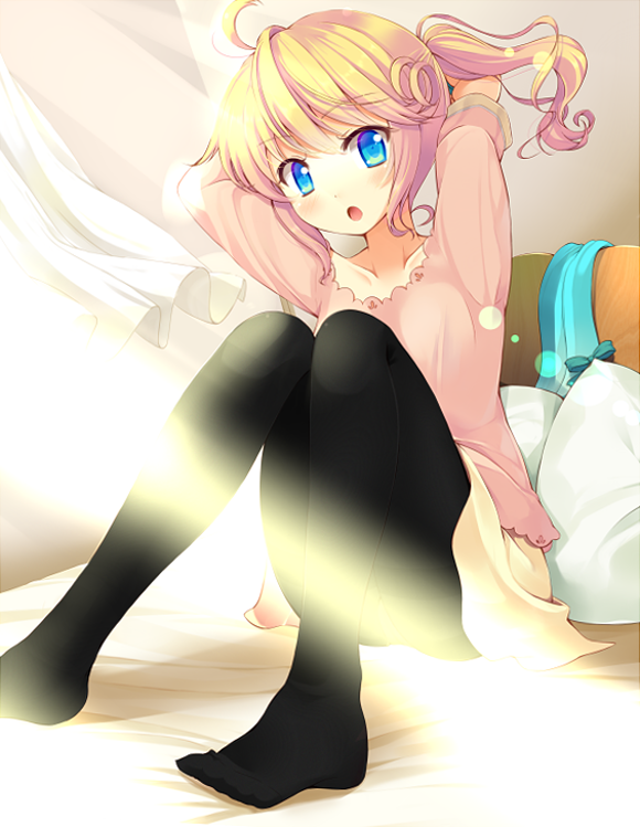 :o, ahoge, bed, black_legwear, blonde_hair, blue_eyes, blush, censored