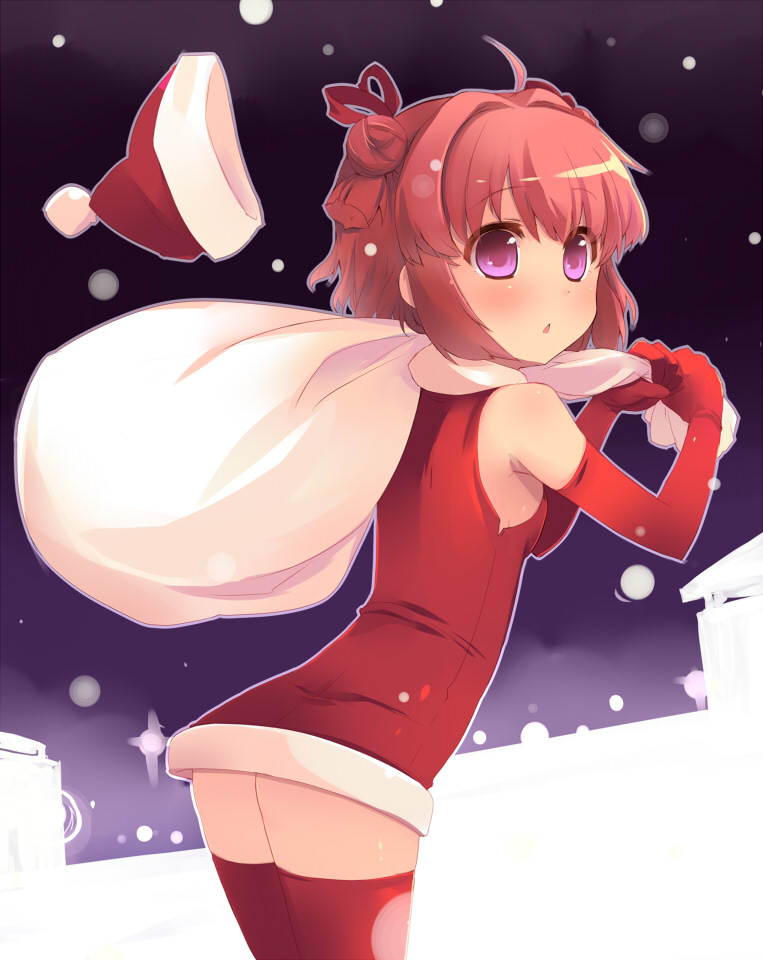 1girl, :o, akaza_akari, ass, bare_shoulders, double_bun, elbow_gloves, gloves