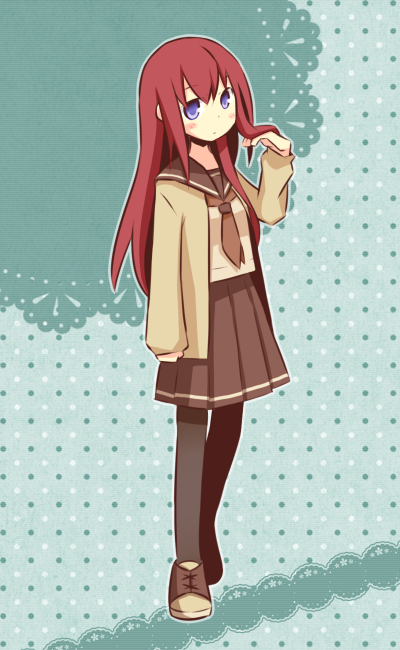alternate_costume, blush, brown_hair, cardigan, long_hair, makise_kurisu, nako_(serineko), pantyhose, purple_eyes, school_uniform, serafuku, serineko, skirt, solo, steins;gate, violet_eyes