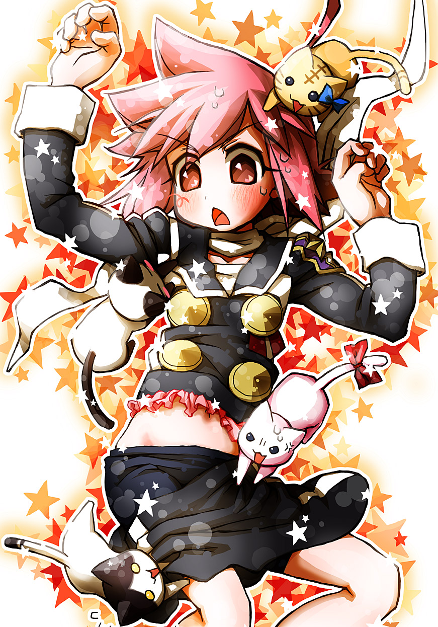 cat, hayate_x_blade, highres, hitofushi, kurogane_hayate, midriff, navel, pink_eyes, pink_hair, scarf, school_uniform, short_hair, solo