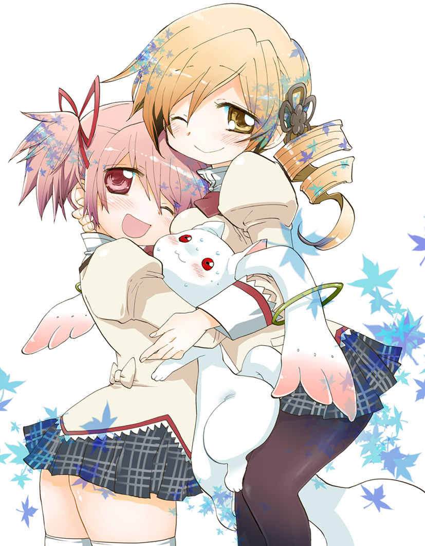 :3, ;d, black_legwear, blonde_hair, blush, breasts, drill_hair, girl_sandwich, group_hug, hair_ribbon, hug, kaname_madoka, korobu_(madob), kyubey, long_hair, mahou_shoujo_madoka_magica, multiple_girls, open_mouth, pantyhose, pink_eyes, pink_hair, ribbon, school_uniform, short_hair, short_twintails, skirt, smile, sweatdrop, thigh-highs, thighhighs, tomoe_mami, twin_drills, twintails, white_legwear, wink, yellow_eyes