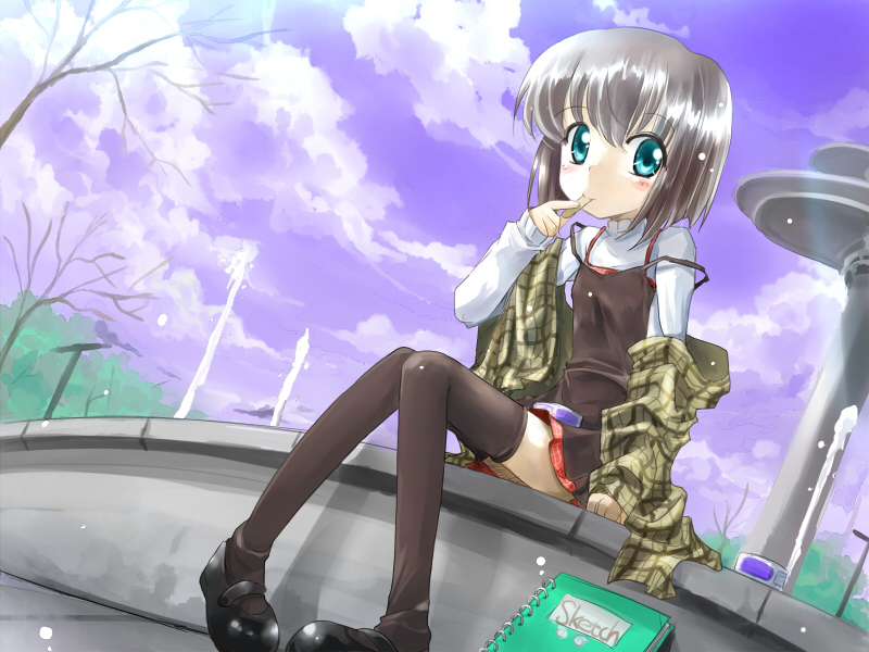 dutch_angle, food, fountain, green_eyes, ice_cream, kanon, misaka_shiori, plaid