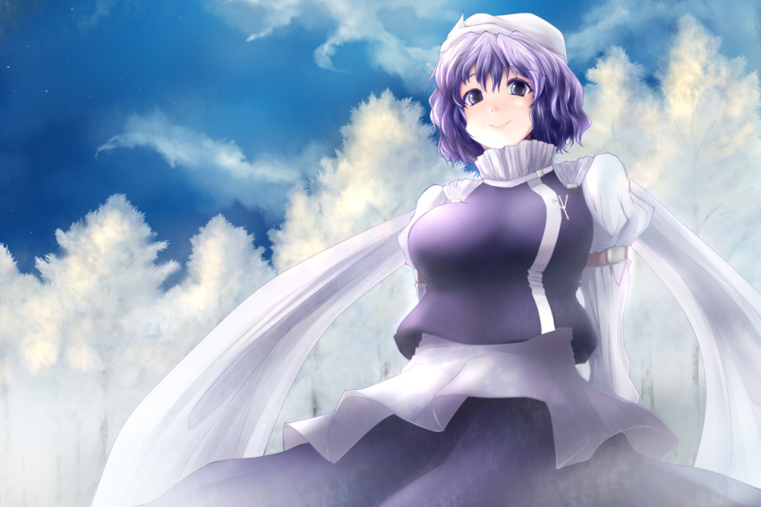 blue_eyes, breasts, hat, lavender_hair, letty_whiterock, scarf, short_hair, smile