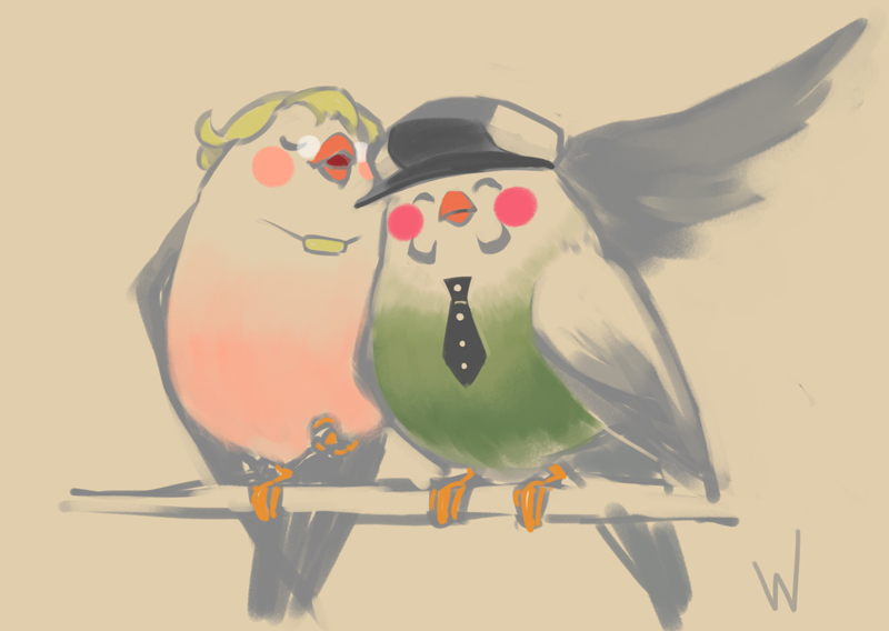 1boy, 1girl, ^_^, animalization, barnaby_brooks_jr, bird, blonde_hair, blush, brown_hair, cabbie_hat, closed_eyes, facial_hair, glasses, hat, jewelry, kaburagi_t_kotetsu, male, multiple_boys, necklace, necktie, no_humans, short_hair, stubble, tiger_&amp;_bunny, wirttian