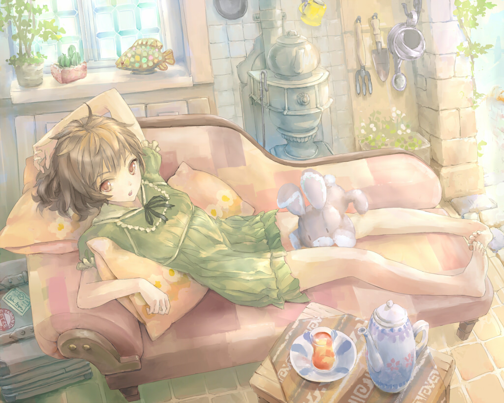 arm_up, bad_feet, bare_legs, barefoot, brown_hair, cactus, cb, couch, dress, drink, feet, fire_poker, fish, glass, green_dress, open_mouth, original, pillow, plant, potted_plant, red_eyes, saucer, short_dress, short_hair, sitting, solo, stove, stuffed_animal, stuffed_bunny, stuffed_toy, suitcase, table, teapot, trowel, vines, watering_can, window, windowsill