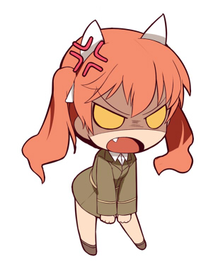 anger_vein, angry, animal_ears, cat_ears, chibi, fang, francie_gerard, lowres, military, military_uniform, null_(nyanpyoun), open_mouth, orange_hair, solo, strike_witches, twintails, uniform