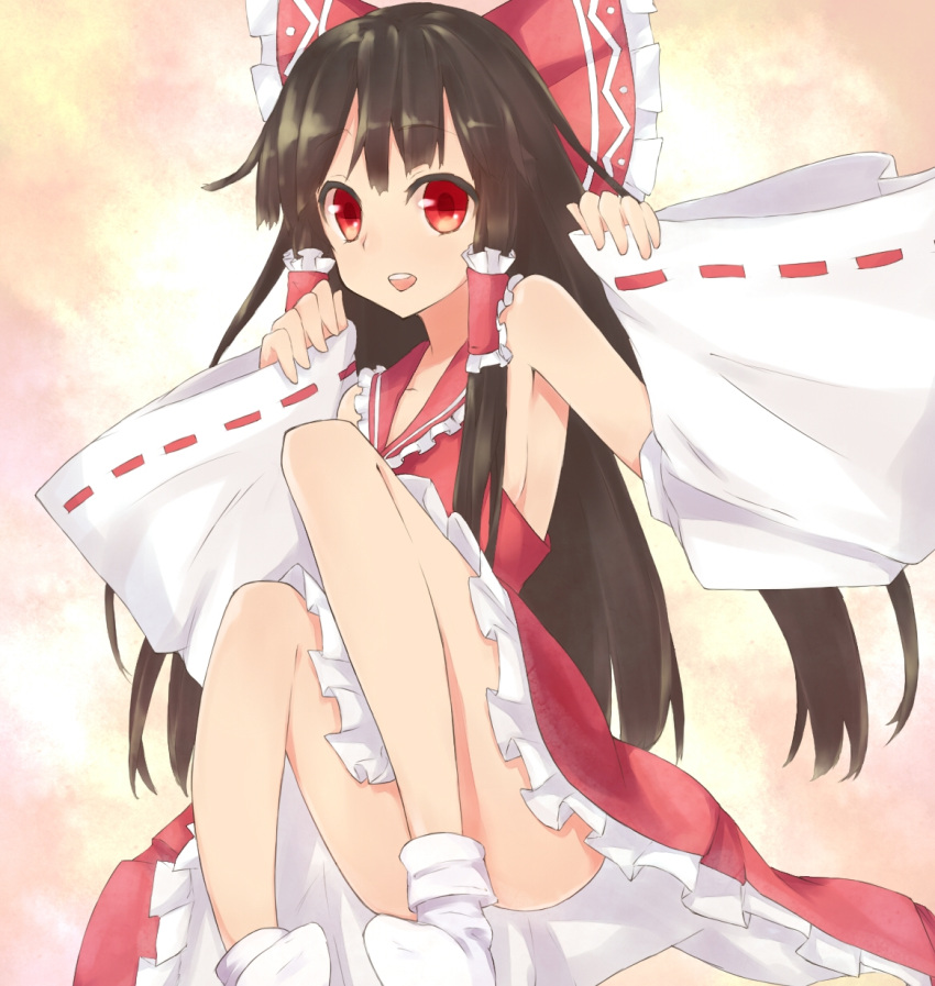 ankle_socks, arms_up, ass, black_hair, bow, breasts, collarbone, convenient_leg, detached_sleeves, footwear, haguruma, hair_bow, hakurei_reimu, highres, looking_at_viewer, miko, no_panties, open_mouth, red_eyes, shiny, shiny_hair, sideboob, smile, socks, solo, teeth, touhou, wide_sleeves