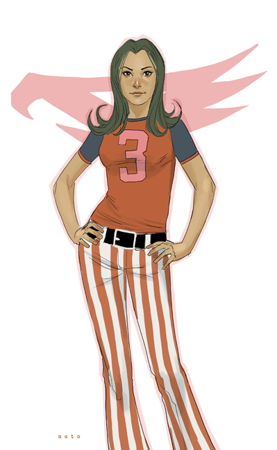 1girl, belt, casual, female, gatchaman, hands_on_hips, jun_the_swan, long_hair, oldschool, phil_noto, raglan_sleeves, realistic, science_fiction, smile, solo, striped, striped_pants, t-shirt
