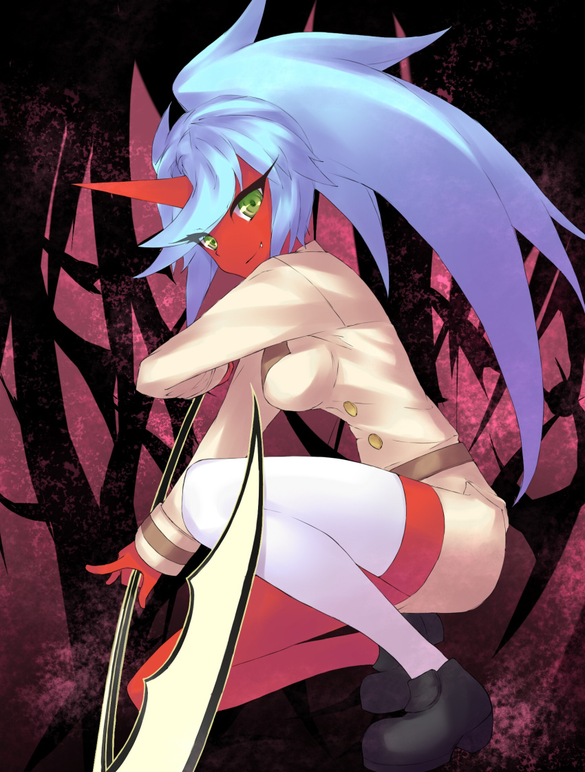 breasts, eyelashes, fang, green_eyes, haguruma, highres, horn, kneesocks_(psg), legs, long_hair, looking_at_viewer, miniskirt, panty_&amp;_stocking_with_garterbelt, ponytail, red_skin, shoes, single_thighhigh, skirt, thigh-highs, thighhighs, thighs, white_legwear