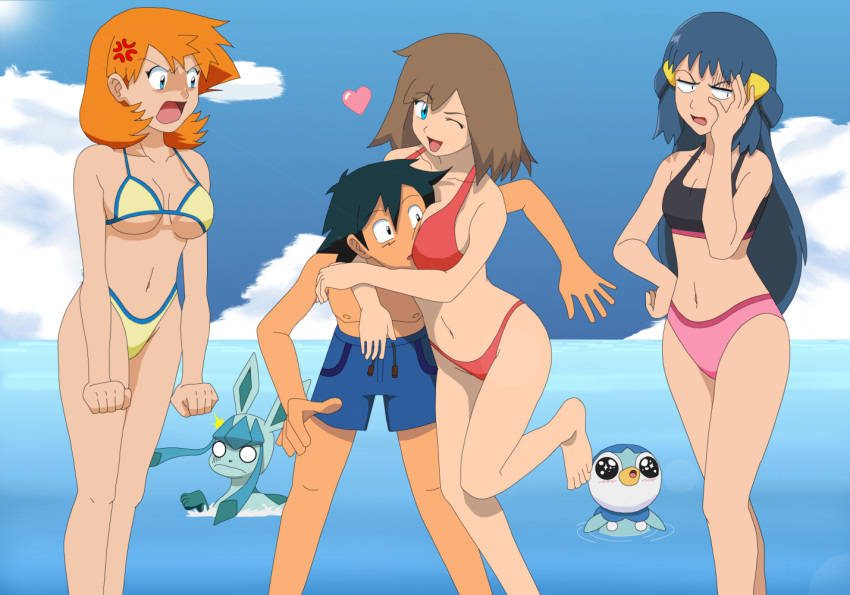 1boy, 3girls, anger_vein, angry, annoyed, bad_anatomy, bikini, blue_eyes