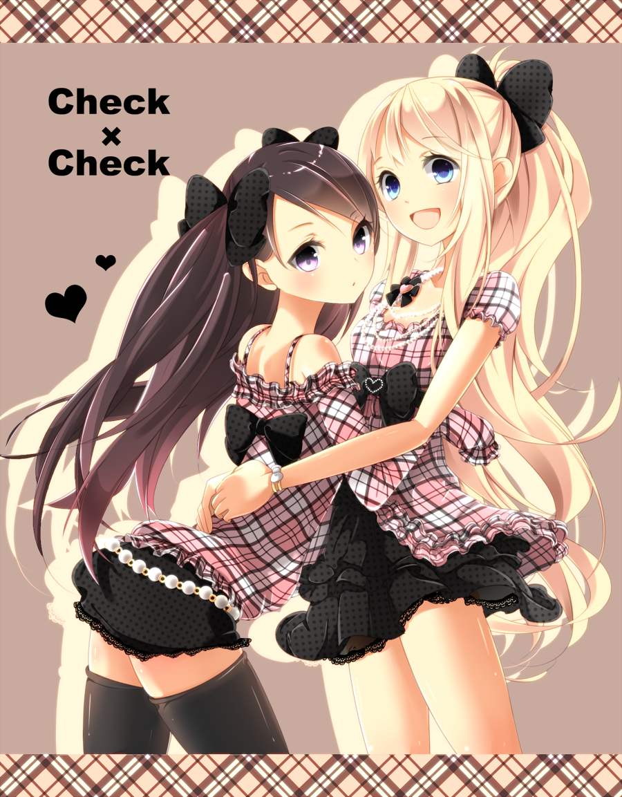 bad_id, blonde_hair, blue_eyes, hug, long_hair, multiple_girls, original, plaid