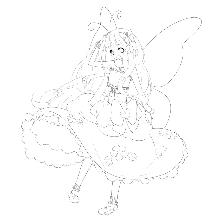 bad_id, butterfly_hair_ornament, butterfly_wings, hair_ornament, highres, lineart, long_hair, monochrome