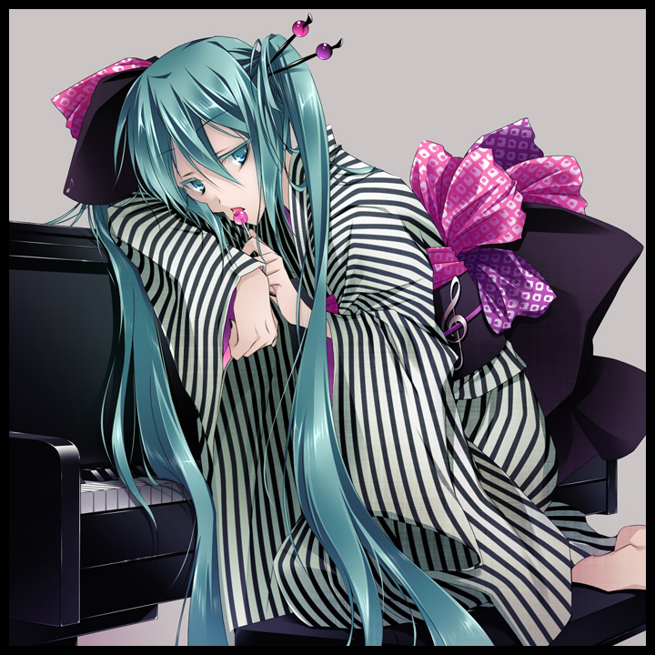 aqua_eyes, aqua_hair, candy, drugstore04, hatsune_miku, instrument, japanese_clothes, kimono