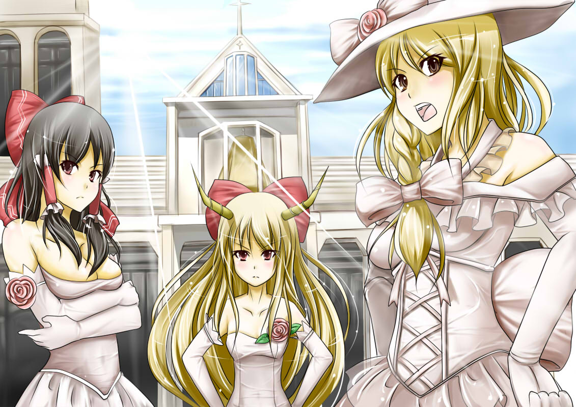 black_hair, blonde_hair, braid, bride, dress, elbow_gloves, flower, gintenko, gloves, hakurei_reimu, hat, horns, ibuki_suika, jpeg_artifacts, kirisame_marisa, long_hair, oyome_ni_shinasai, red_eyes, tenko_(gintenko), touhou, wedding, wedding_dress, yellow_eyes