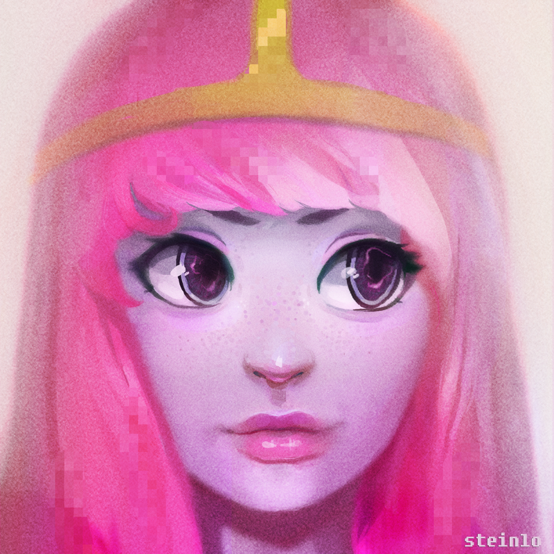 adventure_time, freckles, pink_hair, pixelated, princess_bubblegum, purple_eyes, realistic, solo
