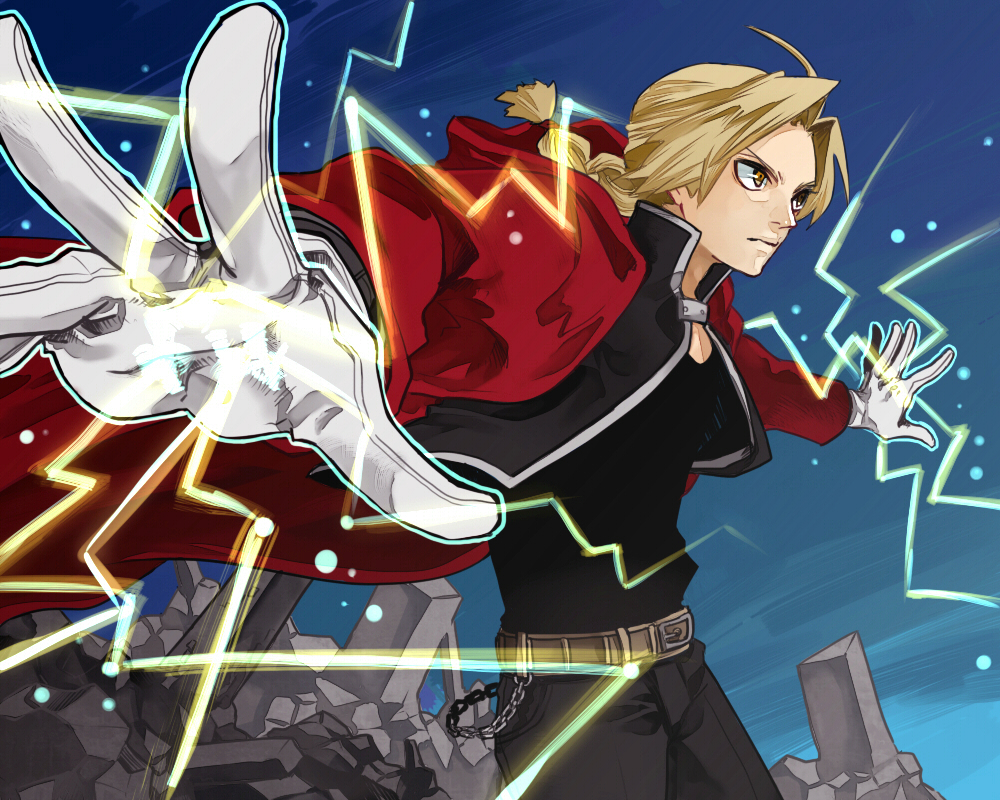 ahoge, alchemy, blonde_hair, cape, edward_elric, electricity, fullmetal_alchemist, male