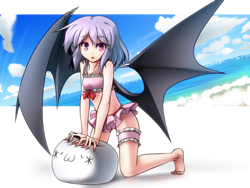 bare_shoulders, barefoot, bat_wings, bikini, fingernails, frilled_bikini, frills, kimagure_ringo