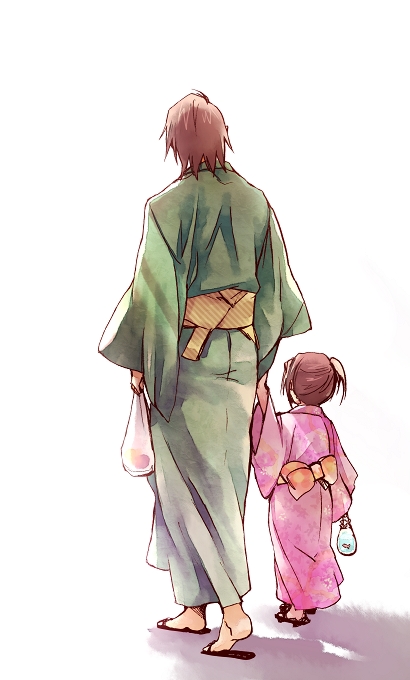 1girl, age_difference, bad_id, brown_hair, father_and_daughter, hand_holding, holding_hands, japanese_clothes