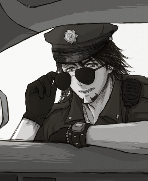 bracelet, car, facial_hair, glasses, gloves, jewelry, kaburagi_t_kotetsu, male, monochrome, motor_vehicle, police, police_officer, police_uniform, removing_glasses, short_hair, solo, stubble, sunglasses, tiger_&amp;_bunny, uniform, vehicle, watch, wristwatch, yasucaflex