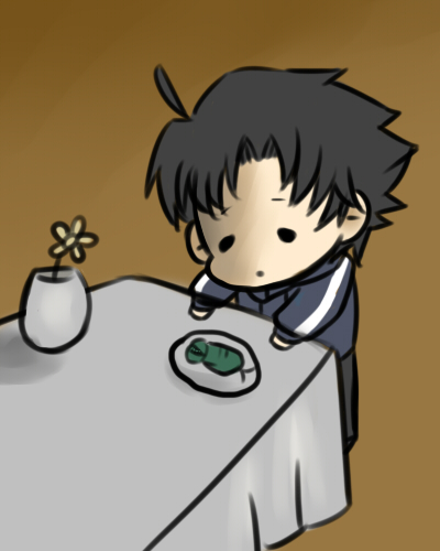 ahoge, black_hair, crest_worm, dish, fate/stay_night, fate/zero, fate_(series), fine_art_parody